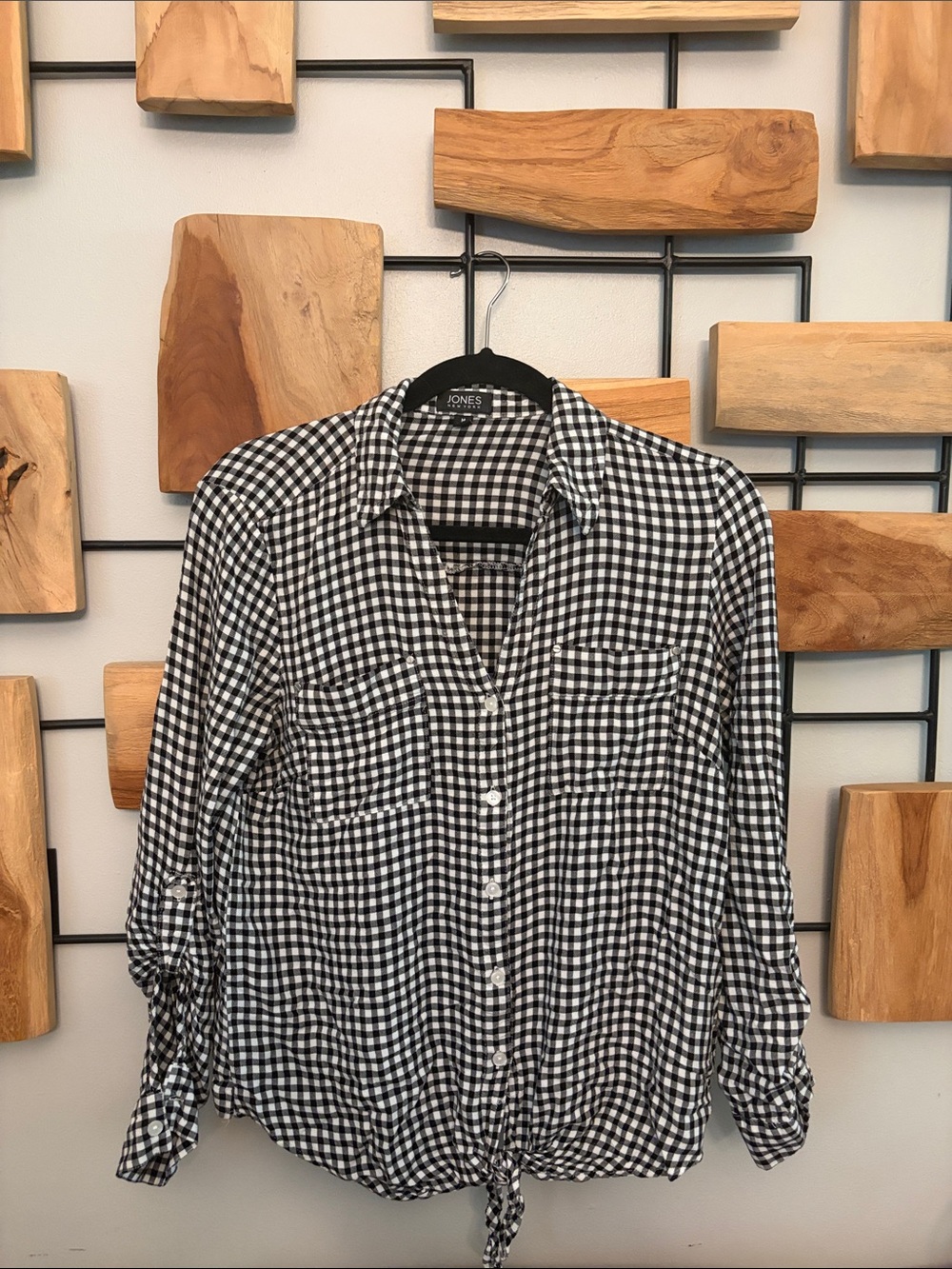 Jones New York Black and White Gingham Tie-Front Button-Down Shirt